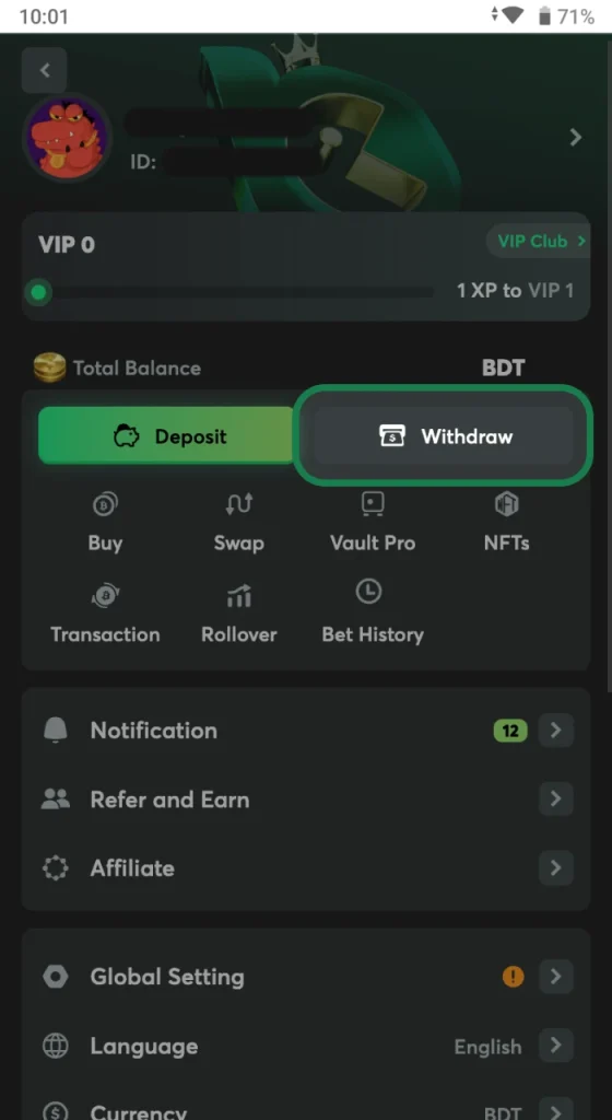 Go to Withdrawal Section